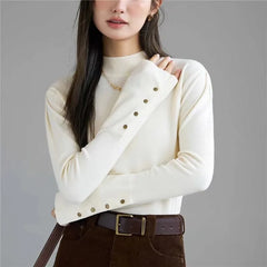 Hnewly  Mock Neck Knit Sweater for Women Long Sleeve Buttoned Cuff Fitted Pullover Plain Knit Top Jumper Fall Winter Basic Outfit