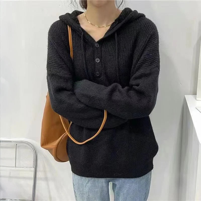 Hnewly  Hooded Sweater for Women Loose Button Front Long Sleeve Rib Knit Pullovers Hoodie Fall Winter Teen-girl Casual Chic Outfit