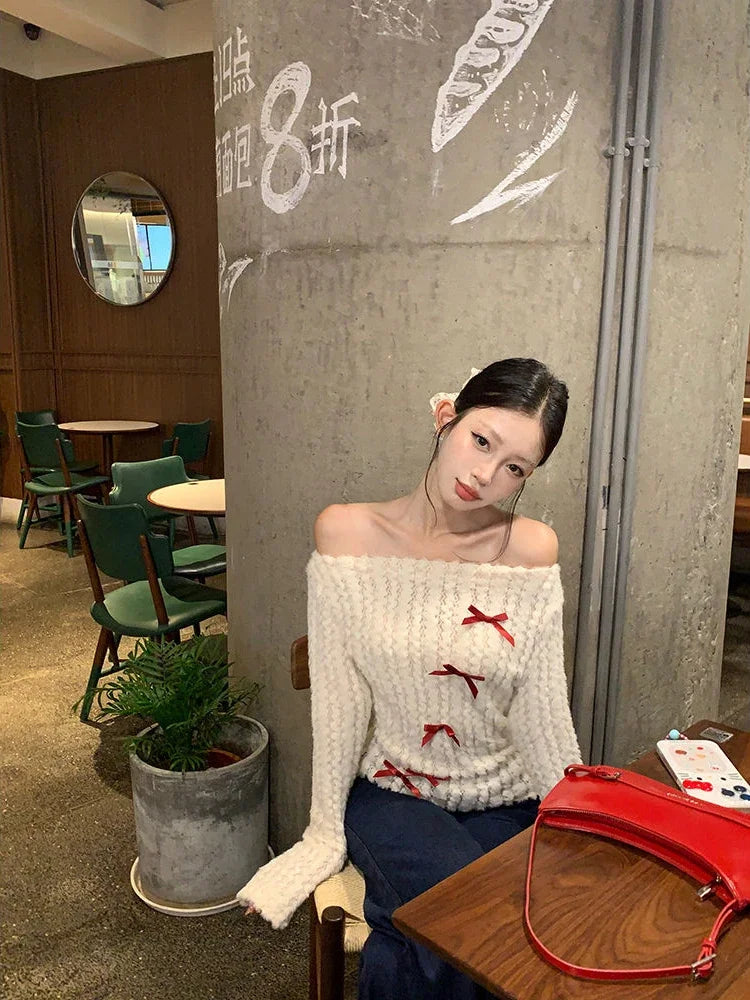 Hnewly Sweet Bow Knitted Pullover Women Off Shoulder Sexy Long Sleeve Sweaters Korean Style Kawaii Autumn Winter Pullovers
