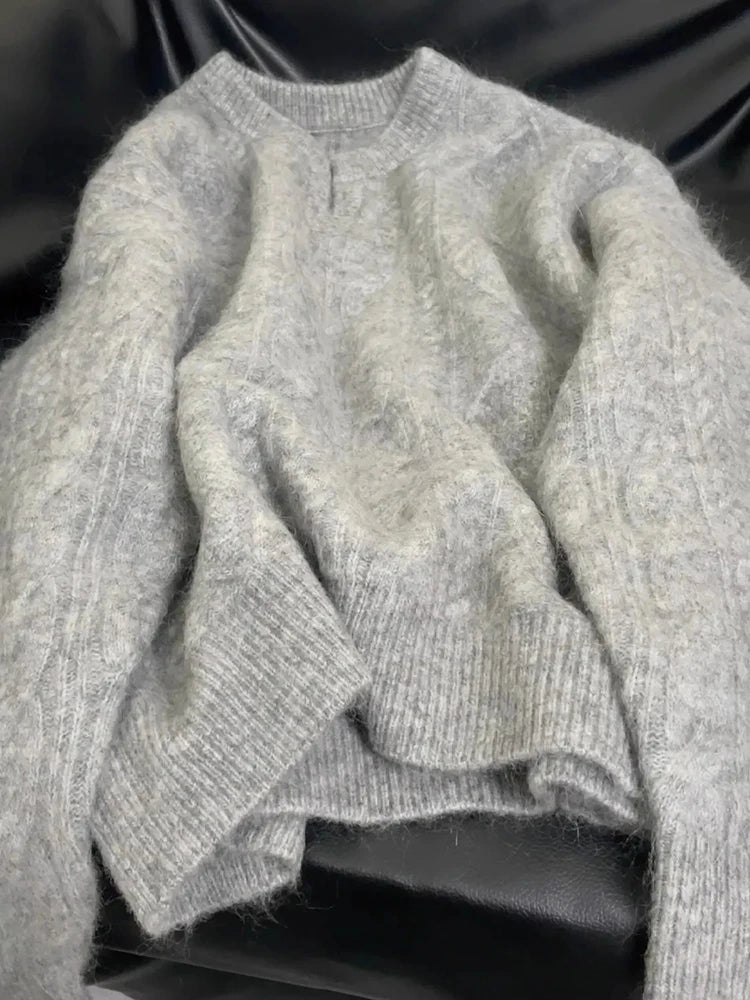 Hnewly Grey V Neck Knitted Sweaters Women Autumn Korean Loose Lazy Style Casual Jumpers Y2K Fashion Winter Warm Simple Pullovers Mujer