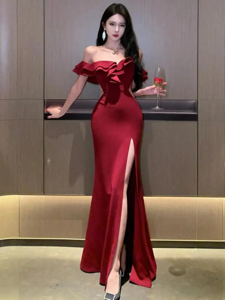 Hnewly DRESS TO IMPRESS Red Sexy Club Backless High Split Ruffles Wrapped Hip Dress Elegant Luxury Off Shoulder Party Evening Dresses Women Summer