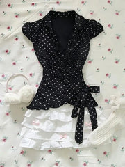 Lunivop  Vintage Y2K Sweet 2 Piece Set Women Slim Fit Polka Dot Lapel Waist Cinched Top + White Lace Trim Mini Skirt Fashion Chic Outfit