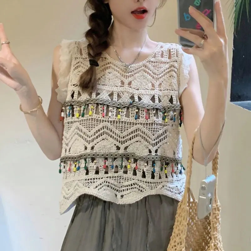 Hnewly  Bohemian Style Crochet Hollow Out Sleeveless Knitted Vest Women's Summer Top