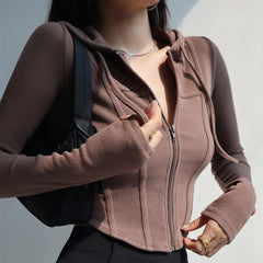 Hnewly  Fall fashion cropped hoodies women zip up hoodie korean fashion sweatshirts hooded cute long sleeve crop top sexy curve hem