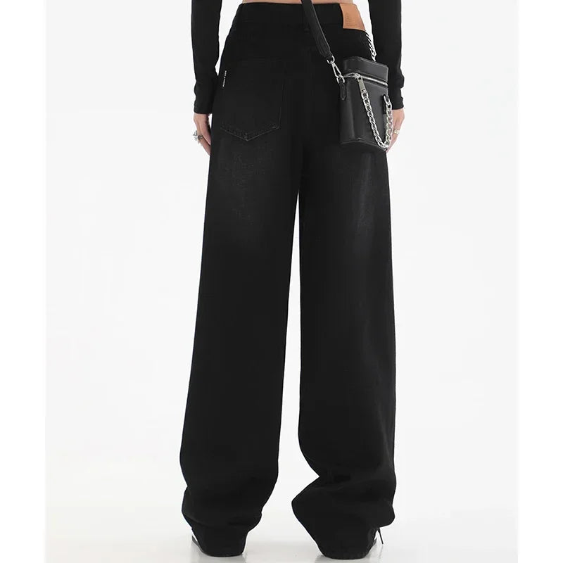 Hnewly Woman High Waist Slim Fit Wide Leg Jeans Female High Street Y2k 2000s Casual Pants Lady Fashion Black Blue Loose Denim Trouserse