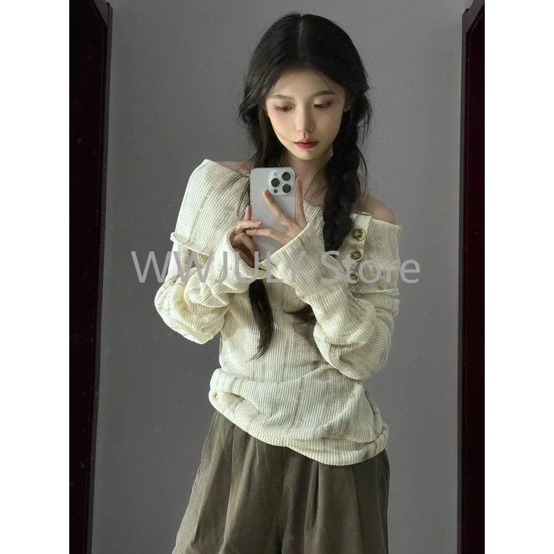Hnewly Y2k Off Shoulder Women Sweater Korean Style Long Sleeve Knit Pullovers Harajuku Slash Neck Jerseys Slim Autumn Vintage