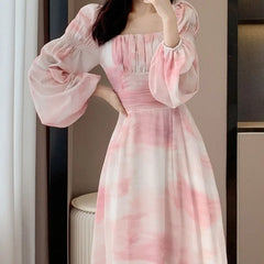 Hnewly  Pink Chiffon Dresses Woman Square Neck Spring Autumn Long Dress A-line Korean Fashion Elegant Sweet Vestidos Mujer