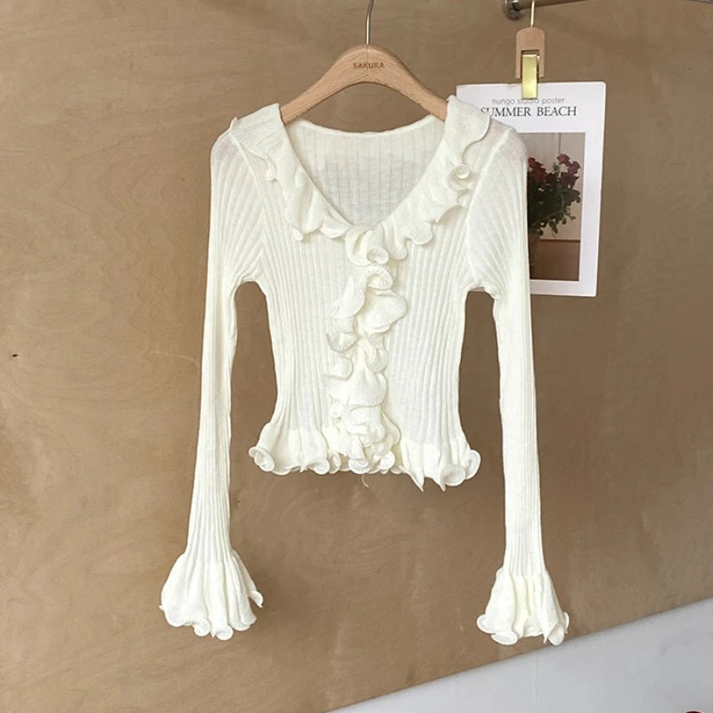 Hnewly  Women's Ruffled Sweater Long Sleeve Slim Fit Rib Knit Top Pullover Jumper Ladies Knitwear Autumn Winter Fairycore Outfit