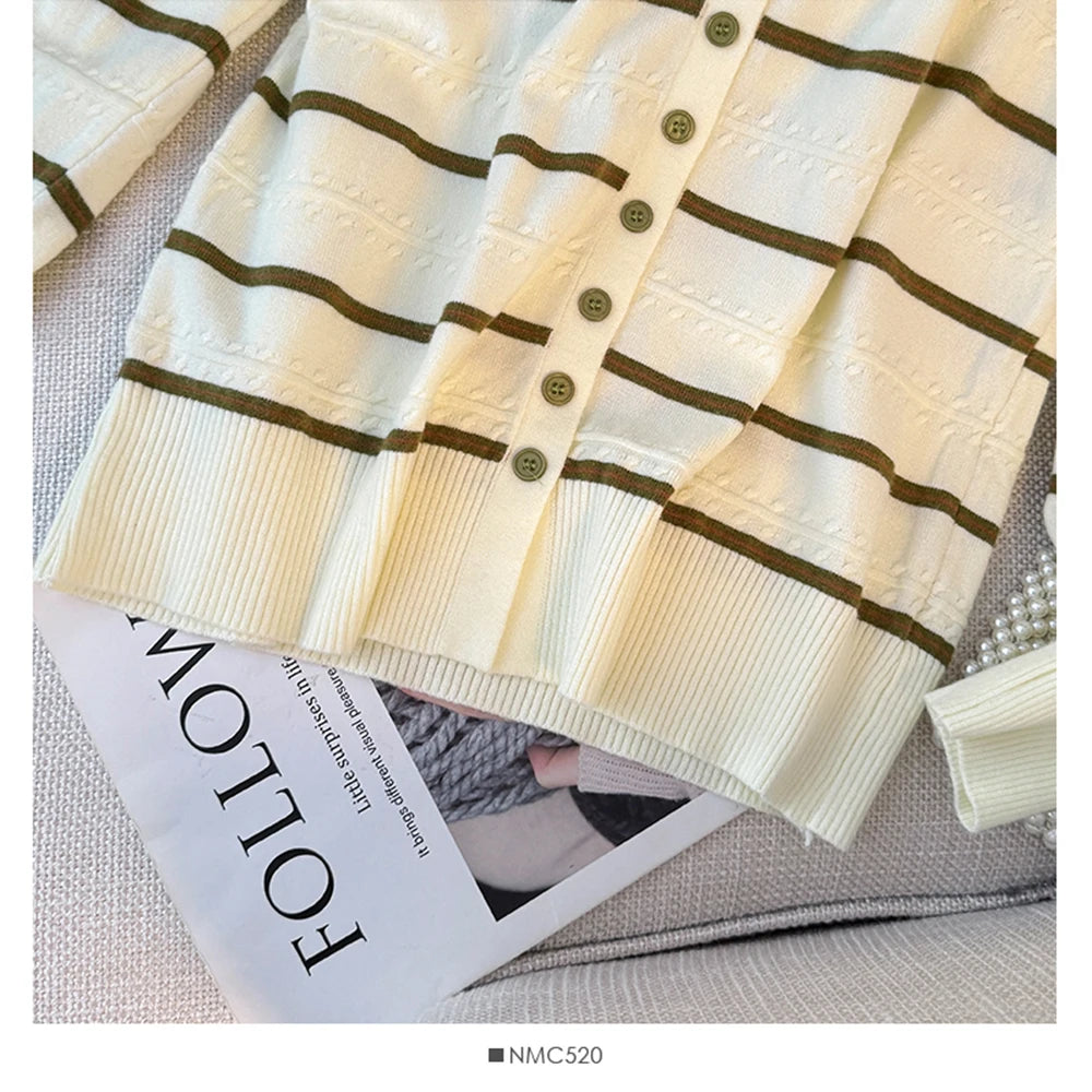 Hnewly  Striped O-neck Long Sleeve Knitted Sweater Women's 2025 Autumn Korean Retro Color Block Loose Fit Versatile Single Breasted Tops