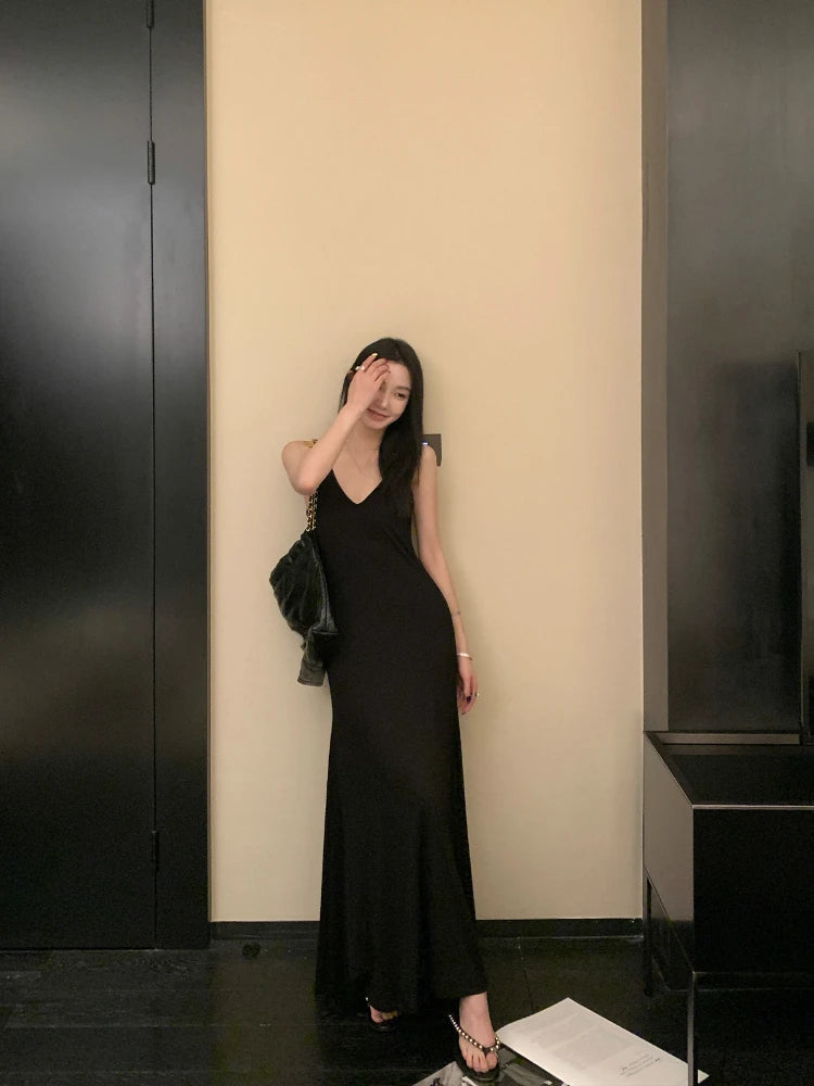 Hnewly Summer Retro French Fashion Even Party Black Midi Dresses Casual V-Neck Y2k Sexy Strap Dresses Korean Fashion Clothing