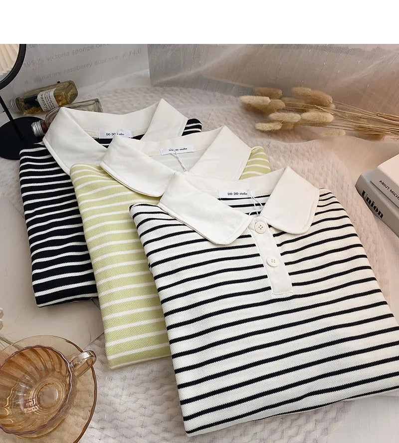 Hnewly  Classic Black White Striped Sweatshirts Casual Loose Turn-down Collar  Women's Spring 2025 New Korean Long Sleeve T-shirt Top