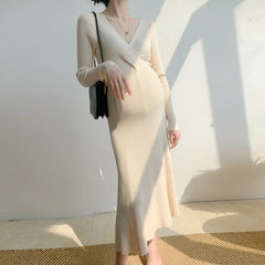Hnewly  Maternity Wear Autumn And Winter Fashion Pregnant Women Dresses V-neck Sweater Knitted Tie Dress Vestidos De Mujer Casual