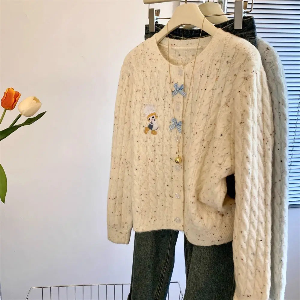 Hnewly  Korean Cartoon Embroidered Sweater Women Spring  Autumn New Soft Long Sleeved Knitted Cardigan O-neck Single Breasted Top