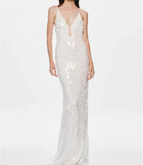Hnewly  Sequins Spaghetti Straps Women's Long Maxi Dress Sleeveless Backless High Waist Sexy Evening Birthday Party Gown