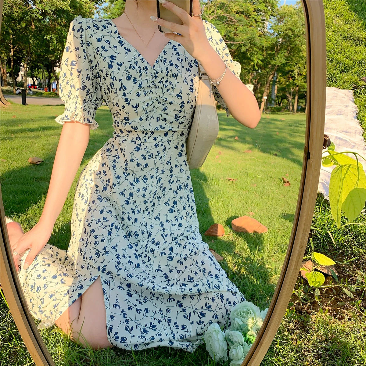 Hnewly Harajuku Floral Dress for Women Party French Vintage Retro Office Lady Casual Club Mini Sexy Dresses Summer New Clothes