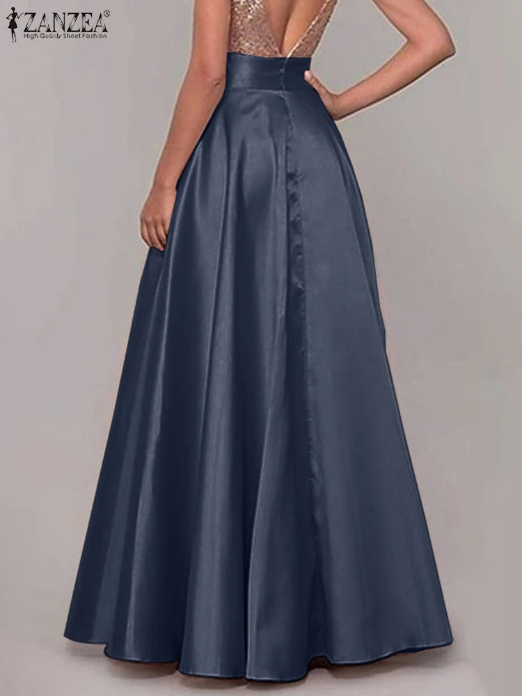 Hnewly Bohemian Women Satin Silk Long Skirts Cotton Solid Elegant Loose Sundress Femme Elastic Waist Oversized Casual Dresses