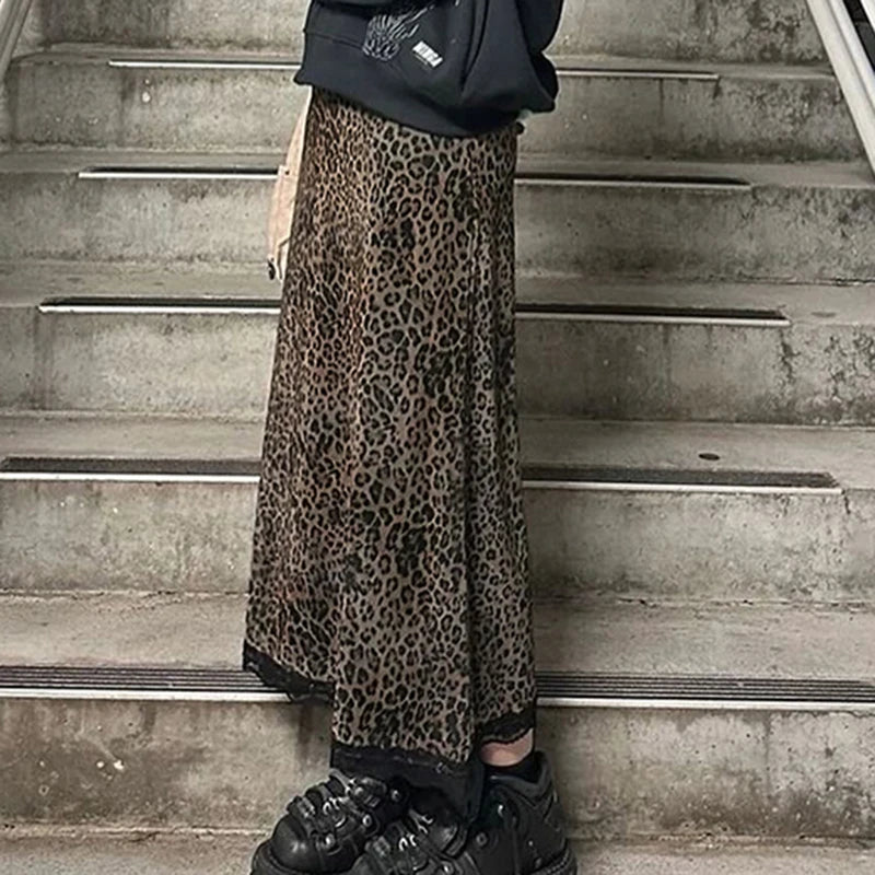 Hnewly Harajuku Leopard Print Midi Skirt Vintage y2k Lace PAtchwork Low Rise Long Skirts for Women Autumn All-match Skirt Ladies