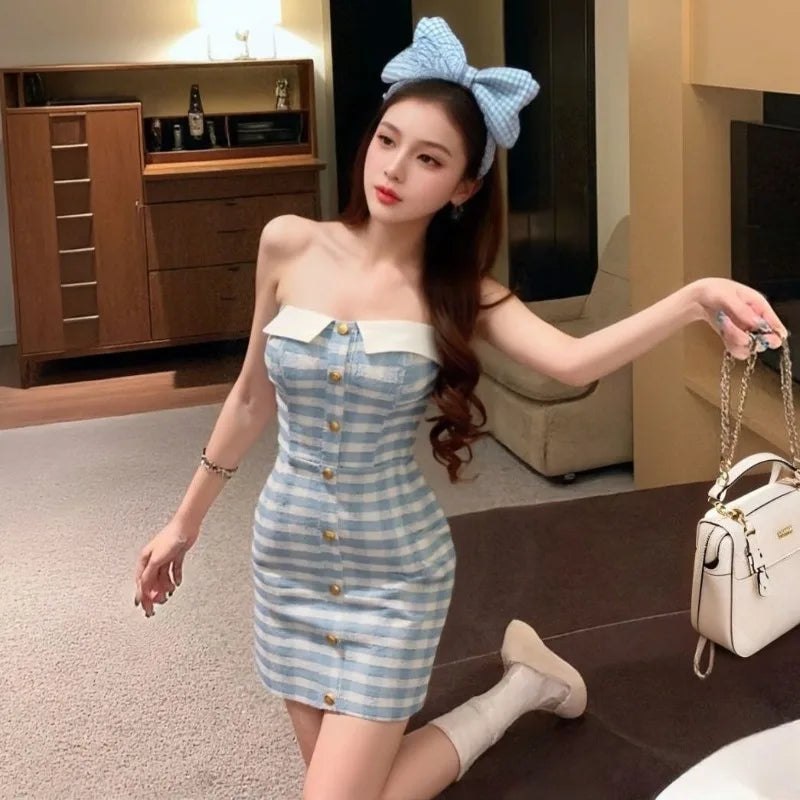 Hnewly  Elegant Fashion Plaid Dresses Women Strapless Sexy Slim Backless Button Summer New Party Mini Dress Clubwear Female