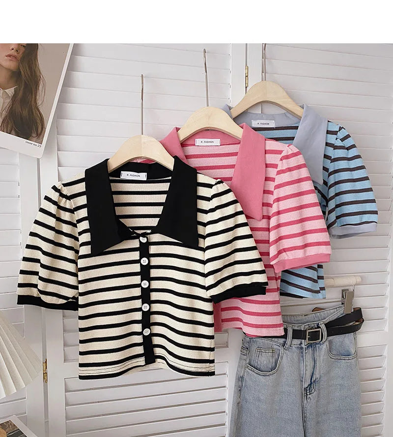 Hnewly Korean Contrast Stripe T-shirt Cardigan 2025 New Summer Women's Commuting Fashion Buttons Lapel Shirt Slim Versatile Top Trend