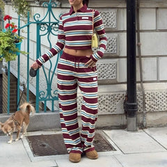 Hnewly  Women's 2Piece Y2k Striped Outfits Long Sleeve Button Lapel Collared Slim Crop Tops with Drawstring Pants Tracksuits