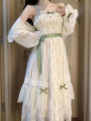 Hnewly  New Lolita Sweet Chiffon Long Sleeve Sun Protection Cardigan+ Y2k Sexy Slim Waist Bow Dress for Women Summer Two Piece Sets