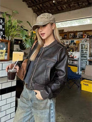 Hnewly Y2K American Pu Leather Women Jacket Y2K Brown Vintage Long Sleeve Stand Collar Crop Coats Hip Hop Streetwear Zipper Outerwear