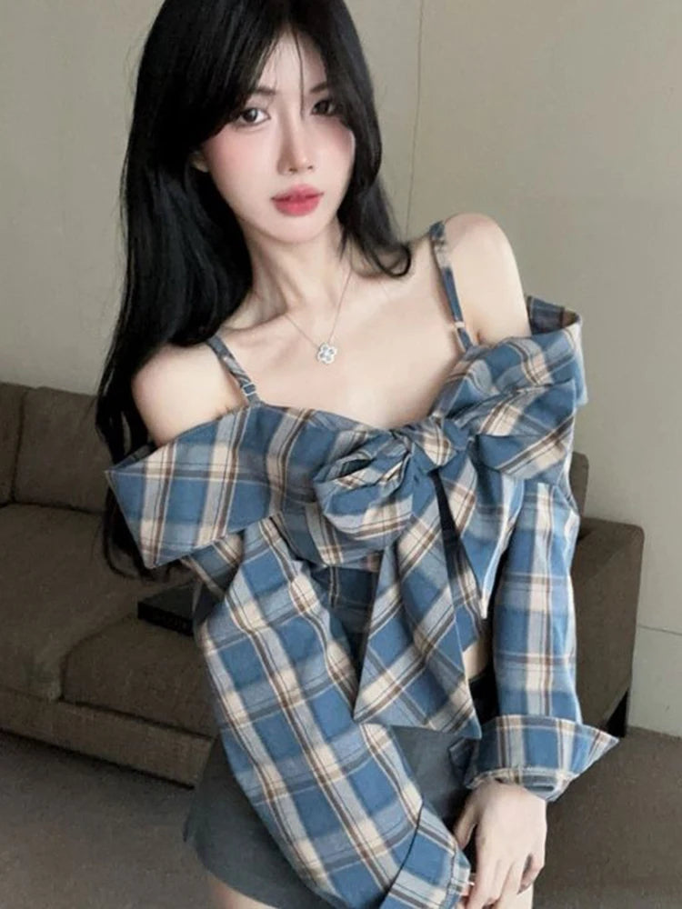 Hnewly Off Shoulder Bow Plaid Shirt Women Long Sleeve Slim Vintage Blouse Sexy Cropped Korean Female Sweet Retro Tops New Spring