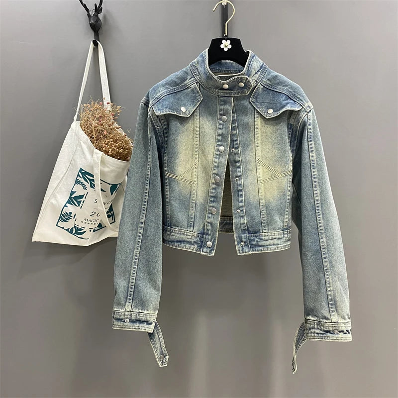 Hnewly  Women Standing Collar Denim Short Jacket Washed  Polished White Retro Motorcycle Outwear Spring Fashion Slim Long Sleeved Top