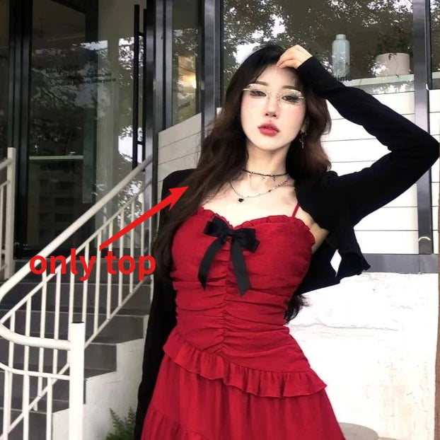 Hnewly  Sweet Ruffles Slim Waist Camisole Dress for Women+ Y2k Thin Long Sleeve Cardigan Coat Two Piece Sets 2025 Summer New