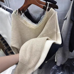 Hnewly  Fashion Elegant Lace Patchwork Pullover Sweater Loose Casual Long Sleeve Pullover Female Autumn Winter Japanese Knitwear