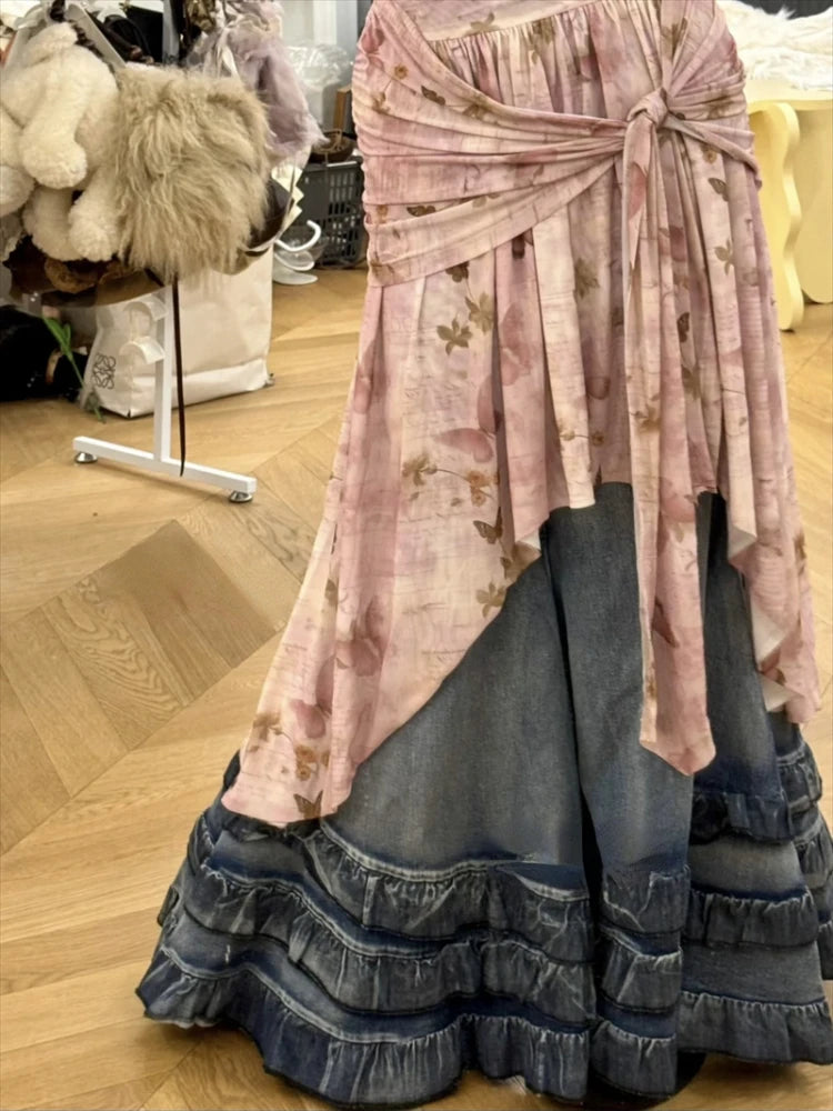 Hnewly Summer French Retro Print Midi Dress Female Casual Irregular Denim Vintage Y2k Dress Women Korean Fashion Evening Party