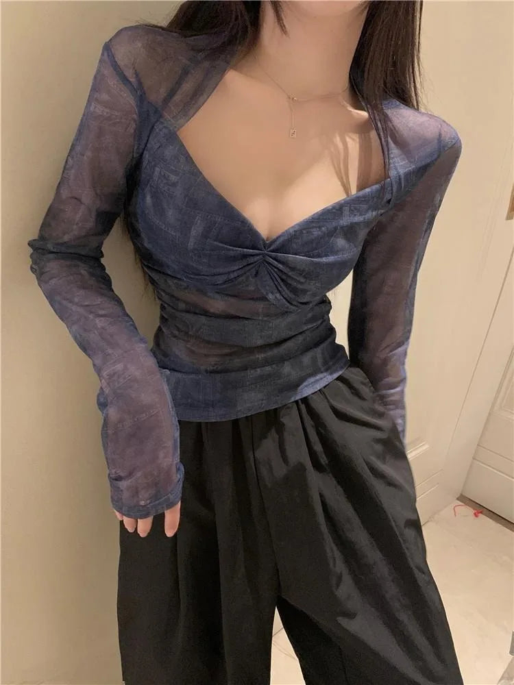 Hnewly  Vintage V-neck Ruched Thin Mesh Tee Shirt Summer New Slim Fit Tops Women Y2k Grunge Long Sleeve Sun Protection T-shirts