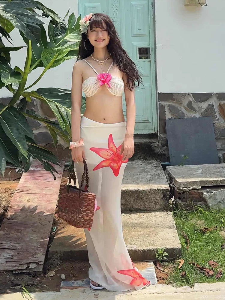 Hnewly   Beach Party 2-Piece Set Women Y2K Halter 3d Flowers Bra+Flower Print Mesh Lace-Up Skirts Matching Summer Trend Suit