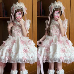 Hnewly  Sweet Lolita Princess Dress for Women Spring and Autumn Girl's Cute Bow Lace Edge Tea Party Dress Lolita Birthday Dress