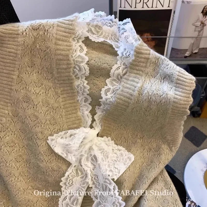 Hnewly  Elegant Lace Bow Sweater Vest Women's 2025 New Spring Autumn Sleeveless V-neck Knitted Pullover Korean Version Versatile Top