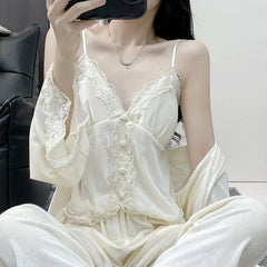 Hnewly  Autumn Winter Velvet Sleepwear Women's Strap Long Pants Three-piece Set Sexy Solid Color with Chest Pad Home Clothes