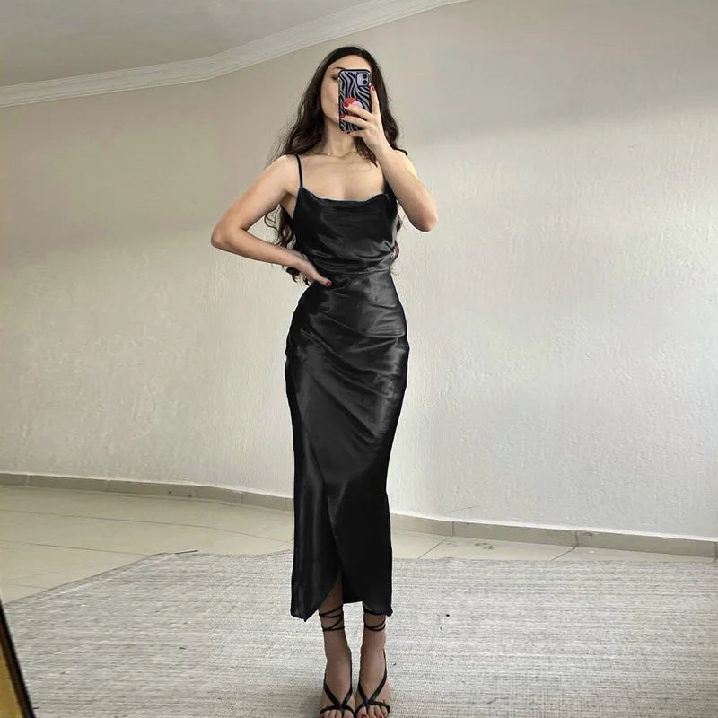 Hnewly Women's Spring New Strap Women's Dress, European and American High end Sexy Spicy Girl, Low cut Satin Split Back