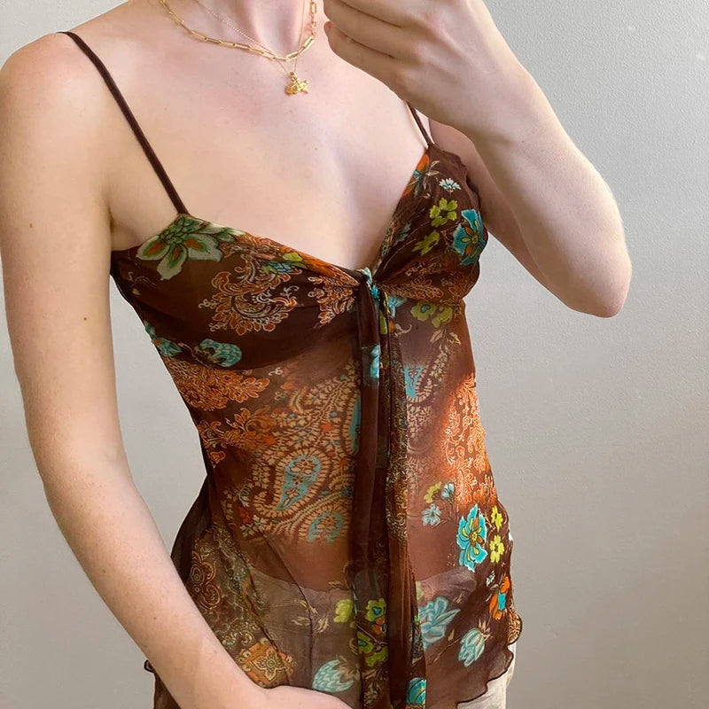 Hnewly Retro Mesh Floral Print Camis Sexy See Through Sleeveless Crop Top y2k Vintage Ruffles Tee Summer Holiday Transparent Top