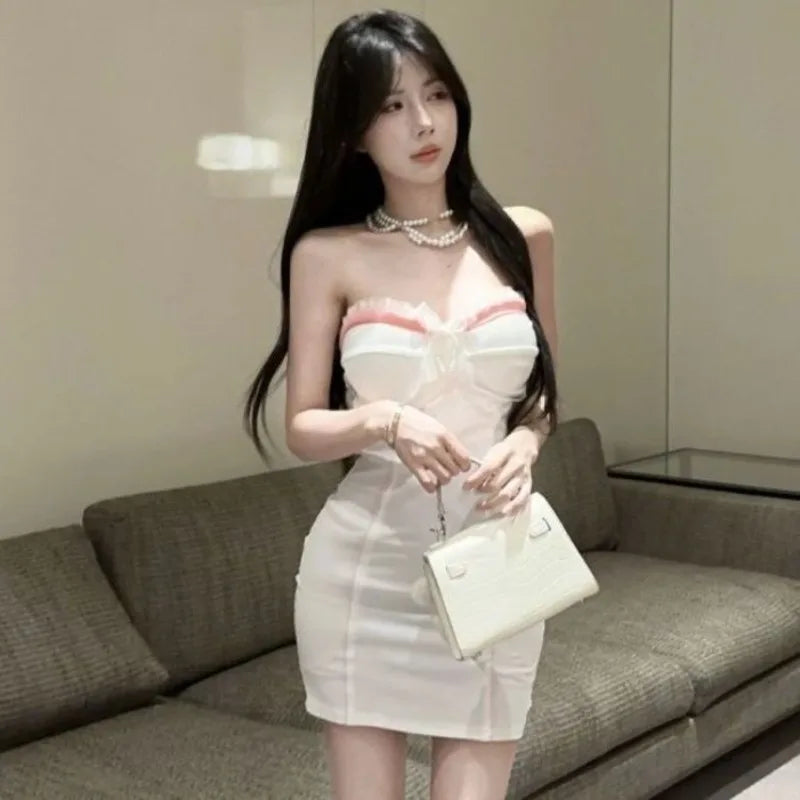 Hnewly  Woman Dress Sexy Elegant Strapless Ruffles Patchwork Lace Mesh Slim Backless Bow Party Mini Dresses Clubwear Sweet