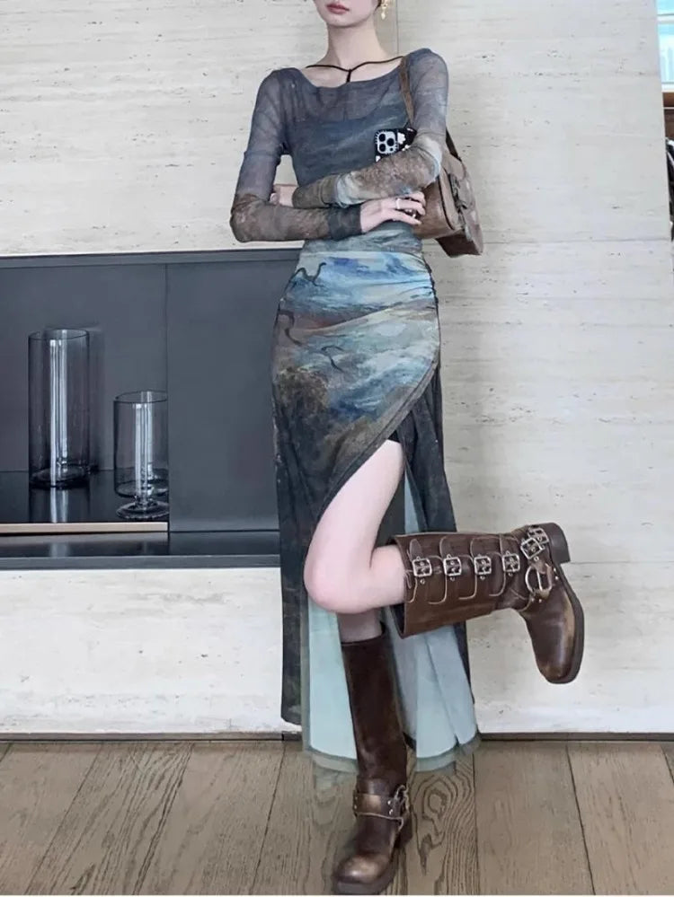 Hnewly American Vintage Tie Dye Mesh Dress for Women Autumn Slim Waist Long Sleeve Vestidos+ Bottoming Strap Two Piece Sets