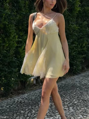 Hnewly  Women Chic Yellow Lace Flowy Slip Dress Classic Solid Color V-neck A-line Waist-cinching Mini Dresses Highstreet Outwear
