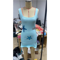 Hnewly  Chic Sparkling Starfish Ruffle Women Y2K Coquette Mini Dresses Elegant Sleeveless Backless Pleated Knit Dress Female Party Robe