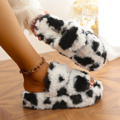 Lunivop  Women Platform Fluffy Slippers Autumn Winter House Shoes Warm Faux Fur Thick Sole Open Toe Girls Home Floor Street Cotton Slides