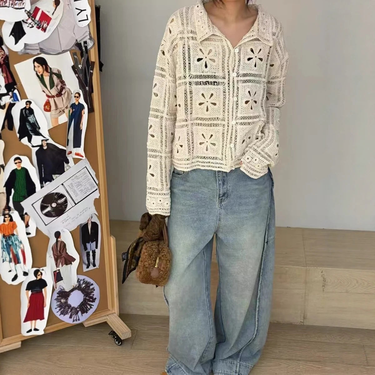 Hnewly  Embellished Crochet Cardigan for Women Long Sleeves Button-up Polo Collar Openwork Knitted Jacket Boho Chic Vacation Outfit