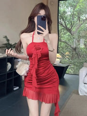 Hnewly  Irregular Dresses Women Ruffles Patchwork Sexy Sweet Sleeveless Halter Slim Ruched Backless Party Mini Dress Female