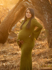 Hnewly  Maternity Photography Dress Textured Flared Sleeve Maxi Gown for Outdoor Pregnancy Photo Shoot Elegant Maternity Photo Outfit