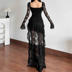Hnewly  Goth Dark Fairycore Lace Flare Sleeve Square Neck A-line Dress Sweet E-girl Irregular Long Hem Dresses Cyber Y2K Party Vestido
