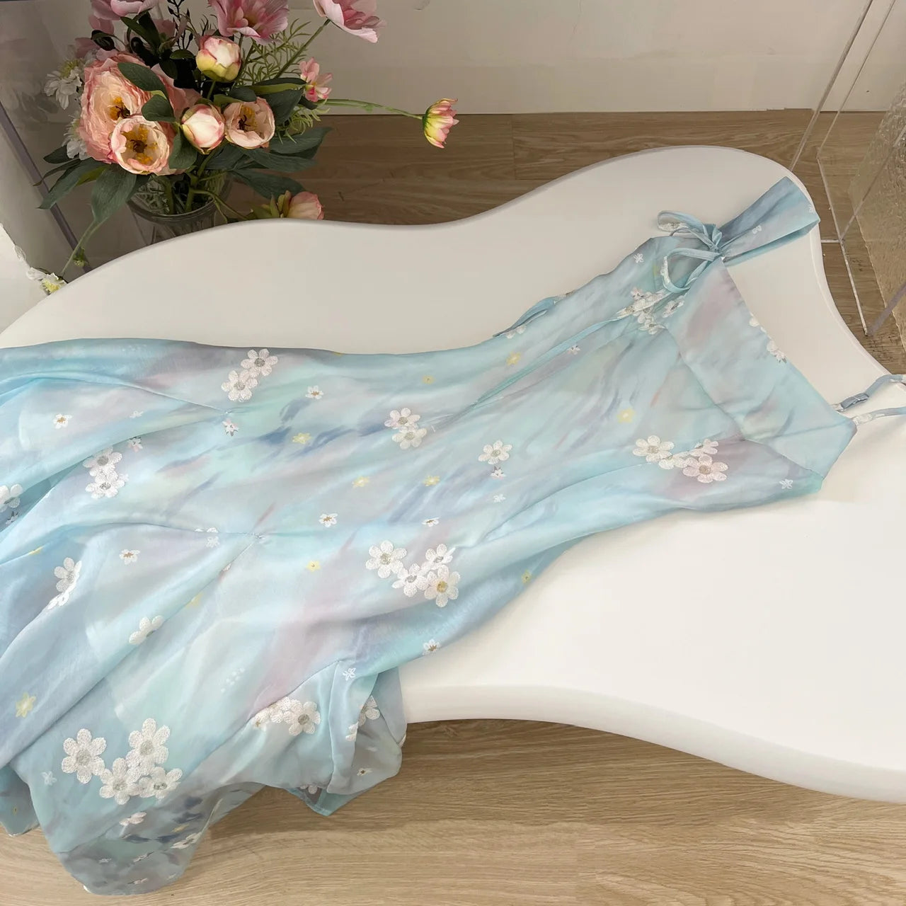 Hnewly Summer Elegant Blue Chiffon Midi Dress Women Beach Casual Embroidery Floral One Piece Dress Korean Fashion Evening Party Vintage