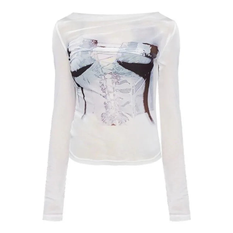 Hnewly  White American Retro Print T-shirt for Women Mesh Long Sleeve Sun Protection Tops Sexy Off Shoulder Slim Fit Tee Shirt