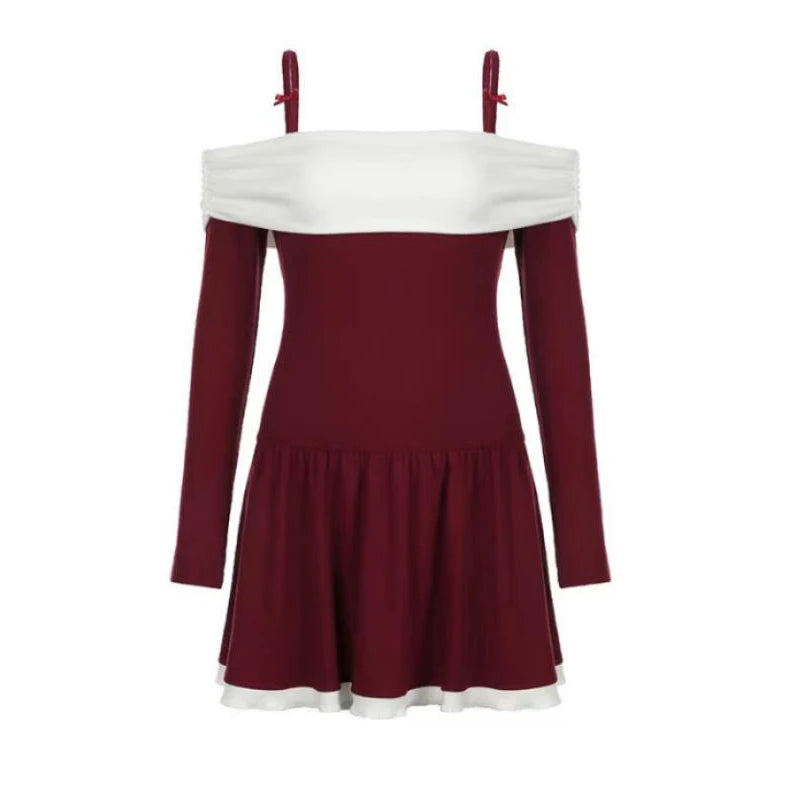 Hnewly Christmas Dress Women y2k Clothes Contrast Color Cold Shoulder Long Sleeve A Line Mini Dress Evening Party Dresses